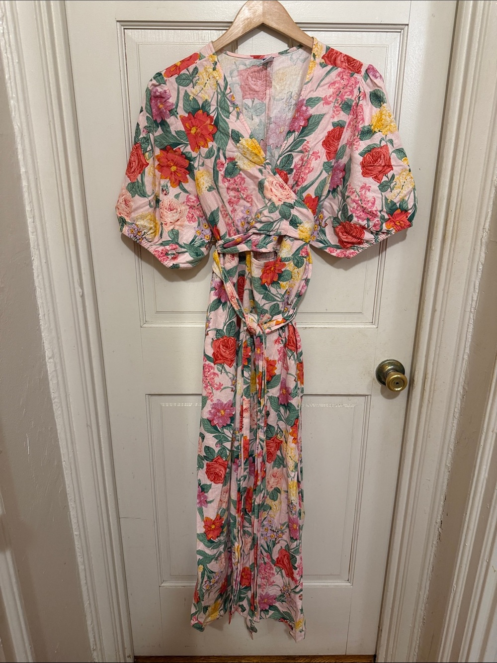 Old Navy Pink Floral Wrap Linen Maxi Dress with Puff Sleeves